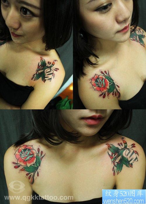 美女肩膀处漂亮的玫瑰花纹身图片