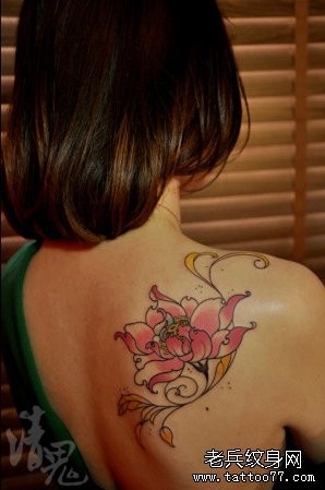 美女肩膀漂亮的粉色莲花纹身图片