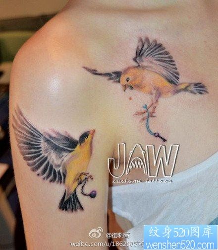 美女手臂和胸前漂亮的小鸟纹身图片