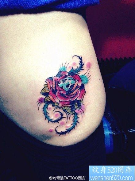 美女腰部小巧精美的玫瑰花与小骷髅纹身图片