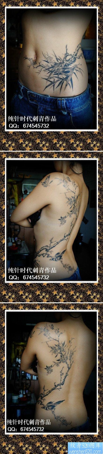 美女腹部腰部到后背精美的花卉与小鸟纹身图片