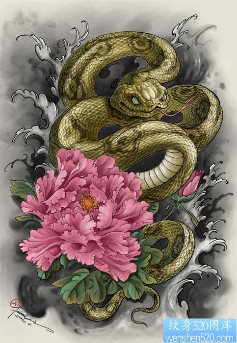 经典蛇牡丹纹身图片