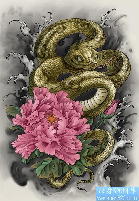 传统蛇与牡丹纹身图片
