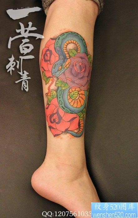 腿部漂亮精美的彩色蛇与玫瑰花纹身图片