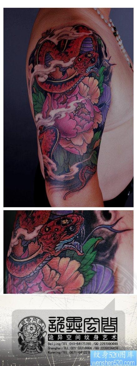 手臂漂亮前卫的彩色蛇与牡丹花纹身图片
