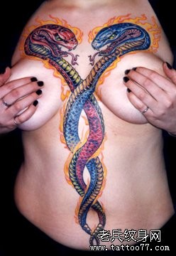 美女胸前超帅的火焰蛇纹身图片