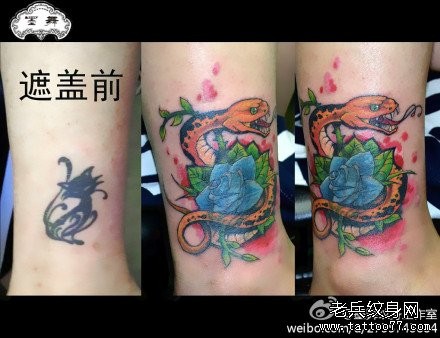 女人腿部一张蛇与玫瑰花纹身图片