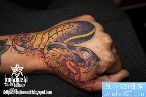 手背经典前卫彩色蛇纹身图片