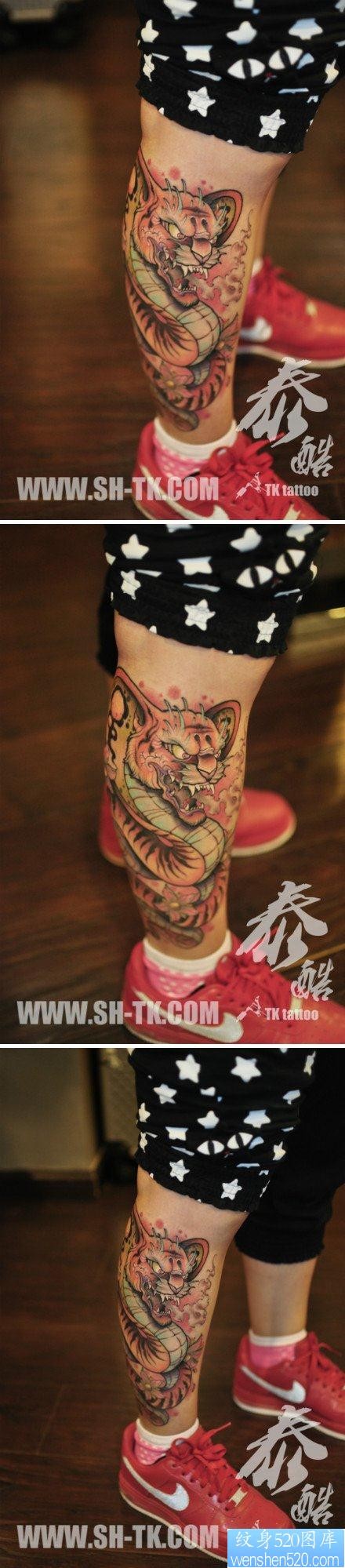 腿部超帅的一张老虎头的蛇纹身图片