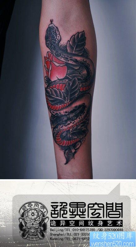 手臂帅气经典的黑白蛇纹身图片