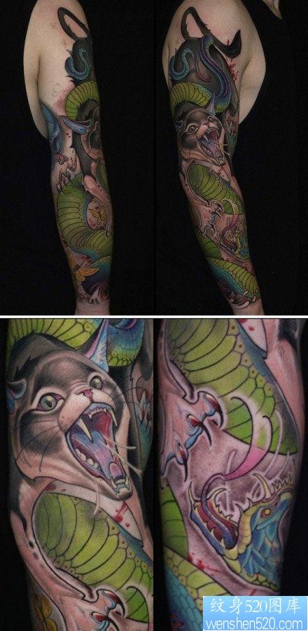 流行前卫的一张花臂蛇与猫纹身图片