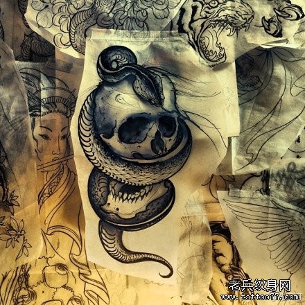 流行很帅的一张蛇与骷髅纹身手稿