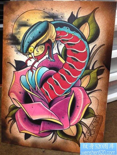 流行精美的一张蛇与玫瑰纹身手稿