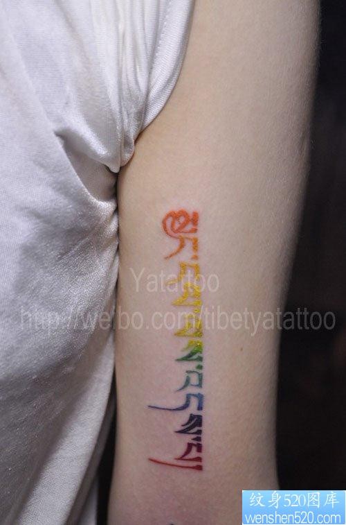 手臂漂亮的彩色藏文纹身图片
