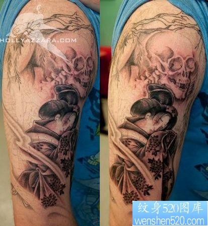 日本纹身图片：手臂日本艺妓骷髅纹身图案