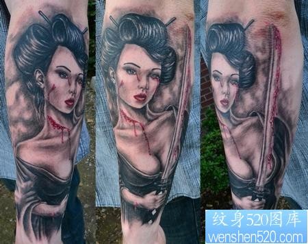 日本纹身图片：手臂日本美女武士纹身图案