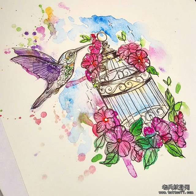 欧美泼墨鸟笼蜂鸟花朵纹身图案手稿
