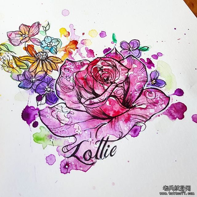 欧美彩色喷墨玫瑰纹身图案手稿