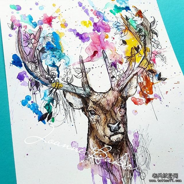 欧美泼墨漂亮的麋鹿纹身图案手稿
