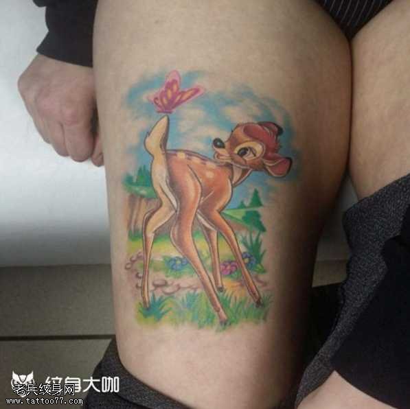 腿部可爱清新的小鹿蝴蝶卡通纹身图案