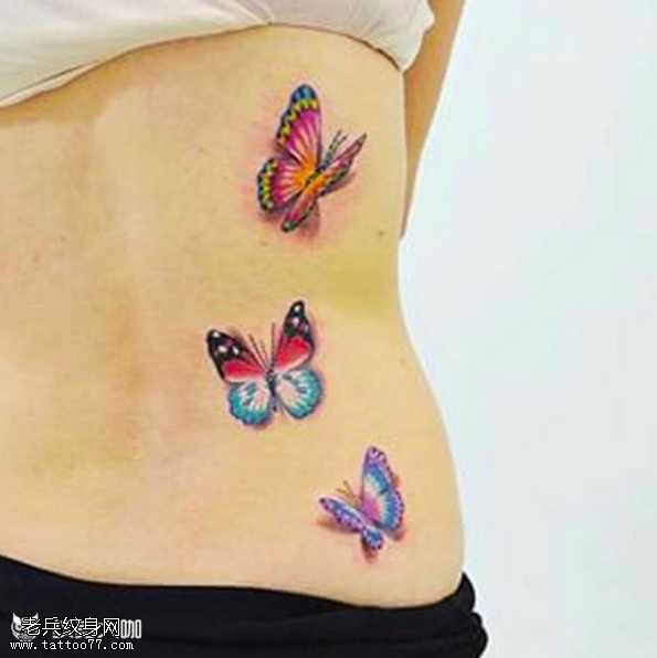 腰部三只美丽的蝴蝶纹身图案