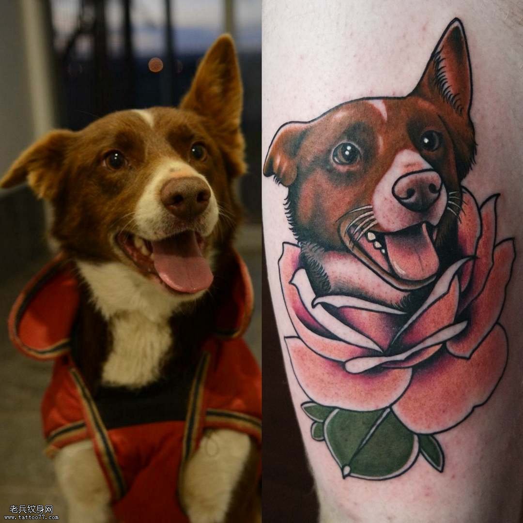 大腿狗肖像写实纹身图案