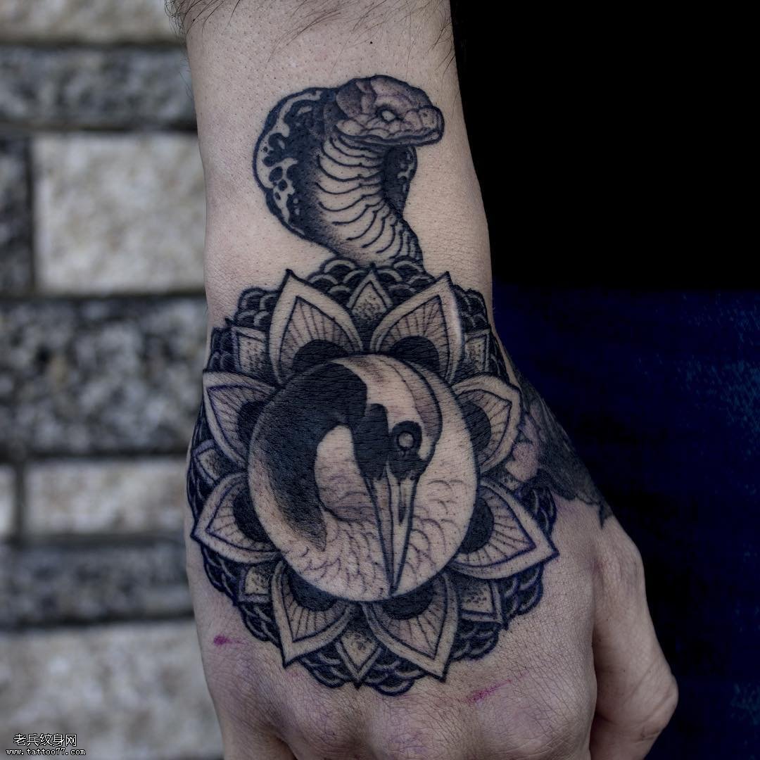 手背蛇和鹤梵花纹身图案