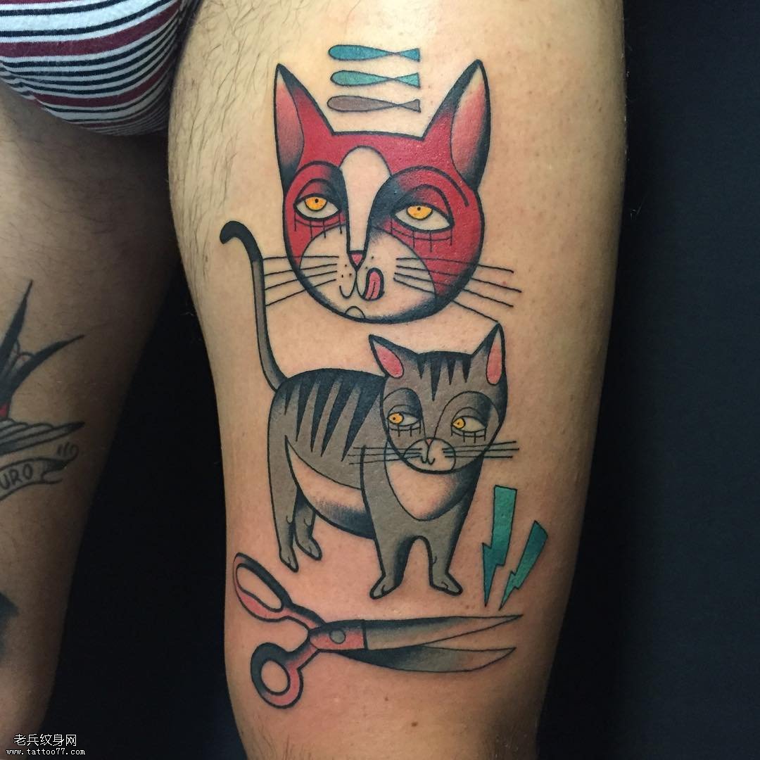 大腿卡通猫剪刀tattoo图案