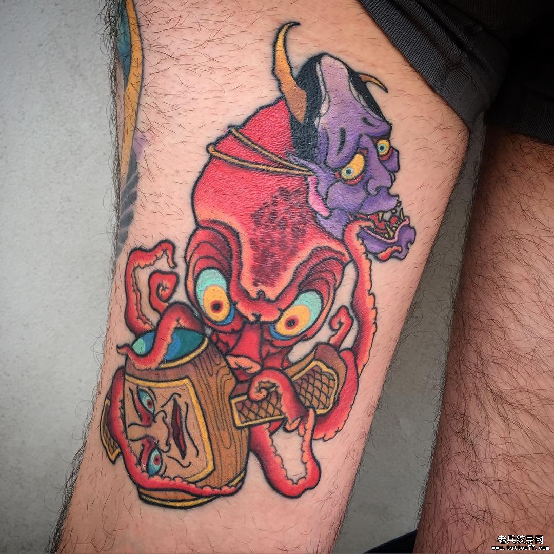 大腿个性的般若章鱼tattoo图案