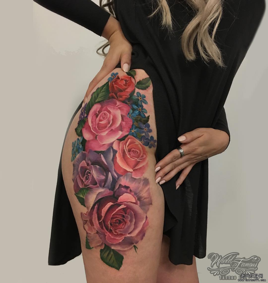 女性大腿school惟妙惟肖的写实玫瑰纹身图案