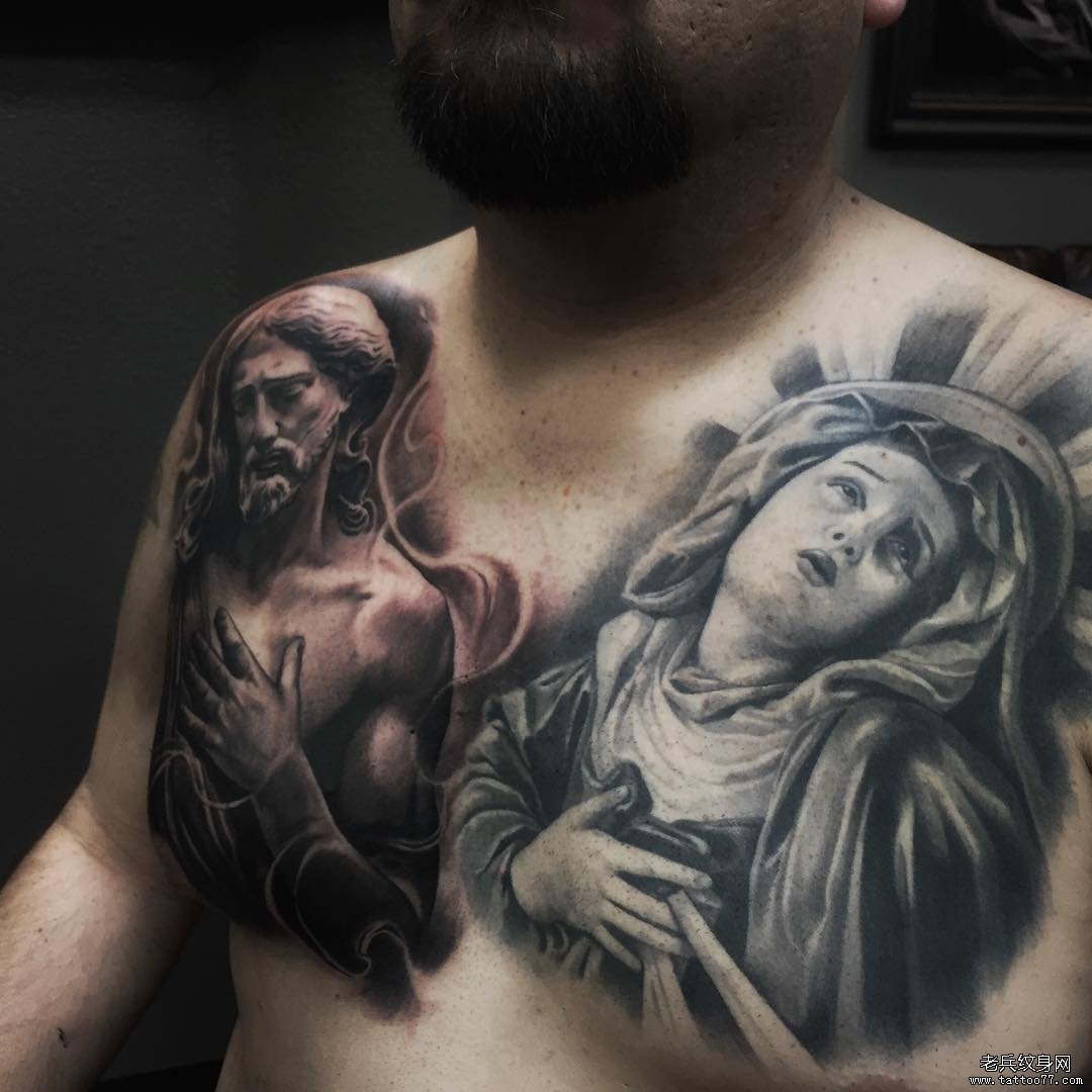 胸部欧美写实耶稣和圣母图像纹身