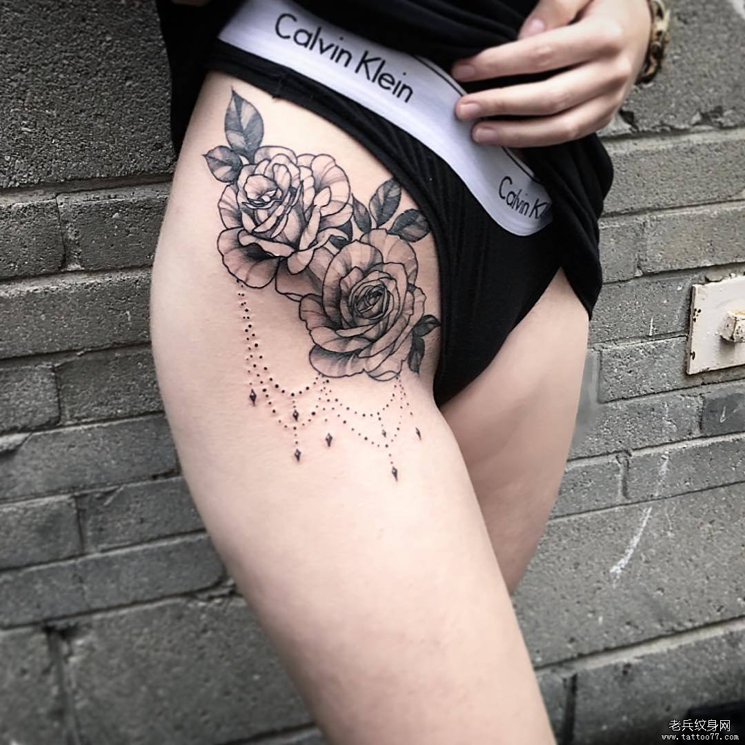 女生大腿性感玫瑰纹身tattoo图案