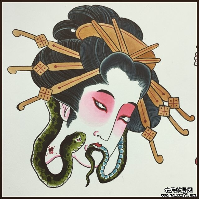 日式传统艺妓和蛇彩绘纹身图案手稿