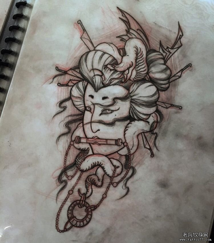 传统日式艺妓蛇纹身图案手稿