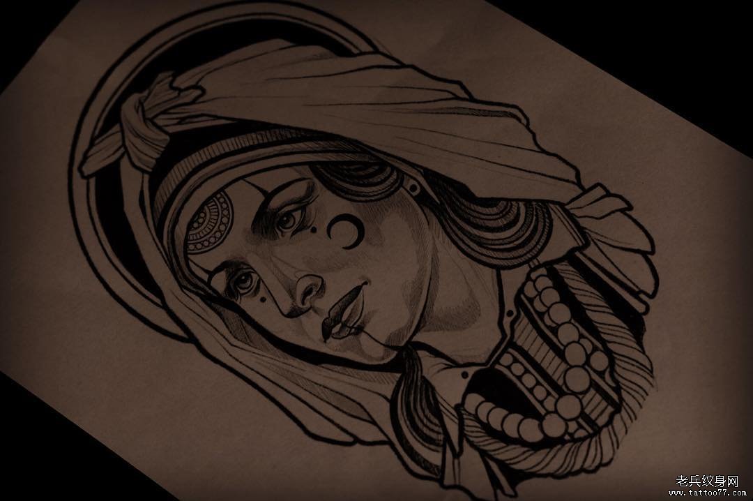 欧美风女性人物纹身图案手稿