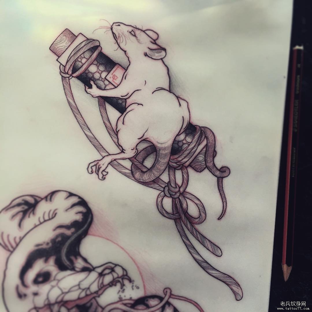 日式老鼠纹身图案手稿