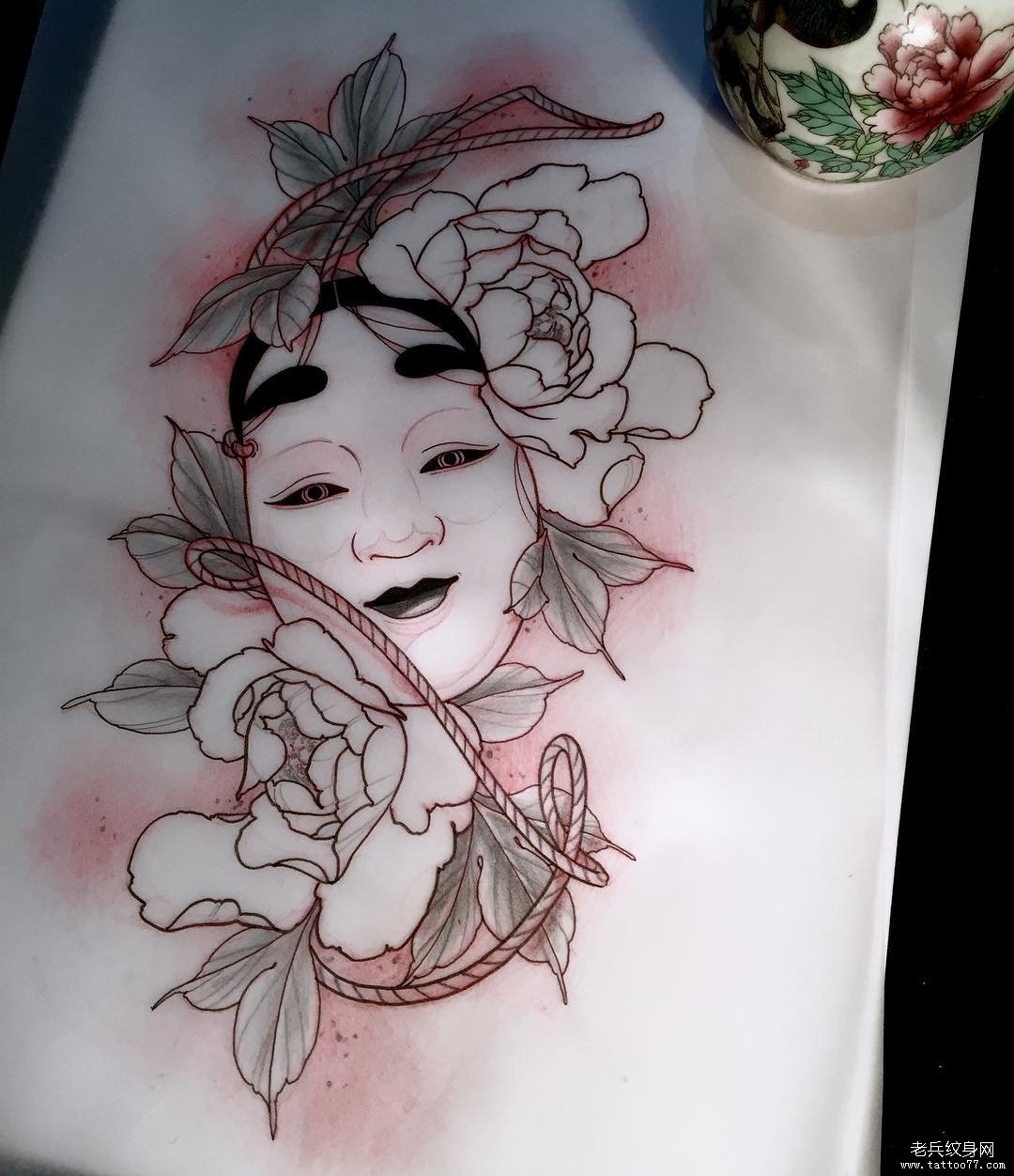 日式传统头像牡丹花纹身图案手稿
