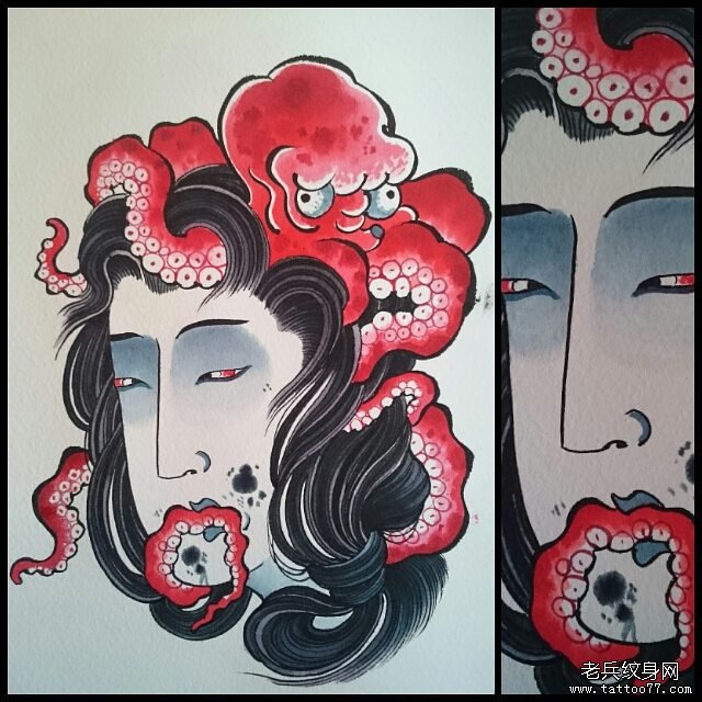 日式女郎章鱼彩色纹身图案手稿