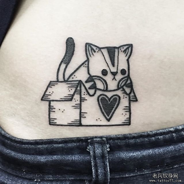 小清新卡通线条猫爱心纸箱纹身图案