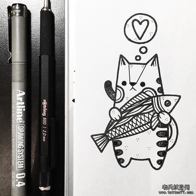 卡通小清新猫和鱼纹身手稿tattoo