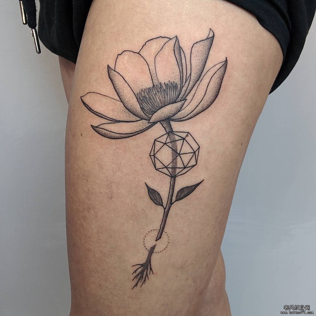 大腿几何莲花线条纹身图案tattoo