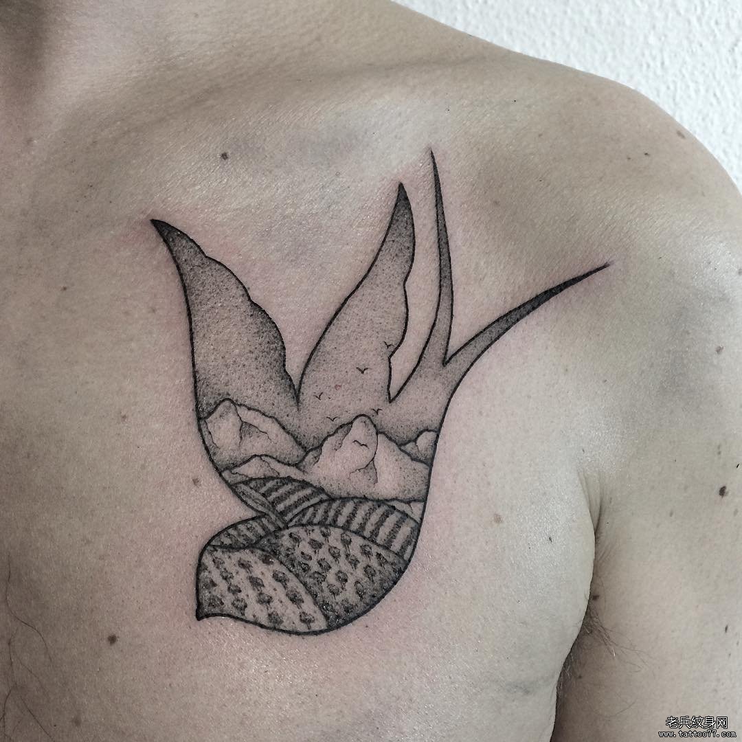 胸口燕子风景纹身图案