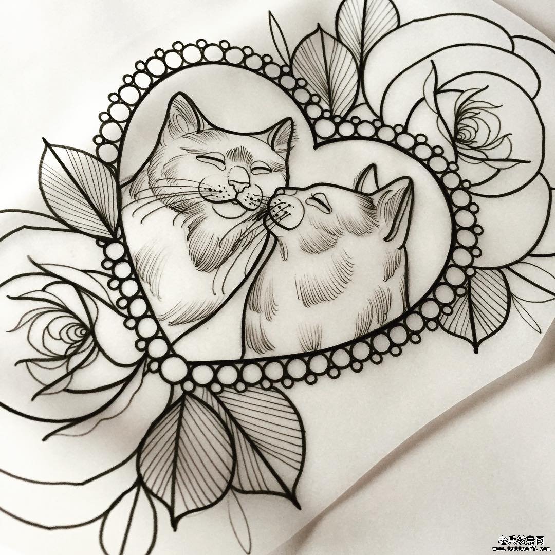 new school猫爱心玫瑰纹身图案手稿