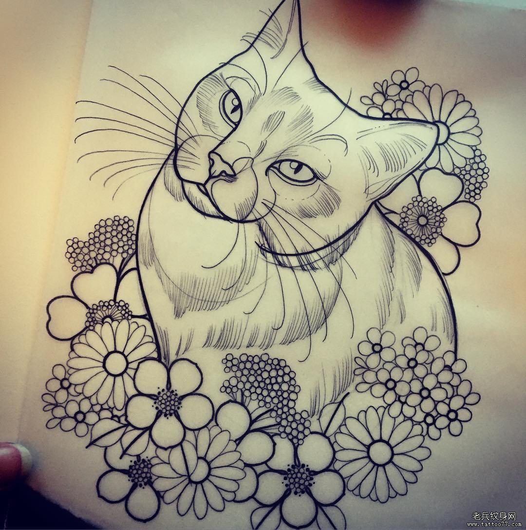 new school猫小清新花蕊纹身图案手稿