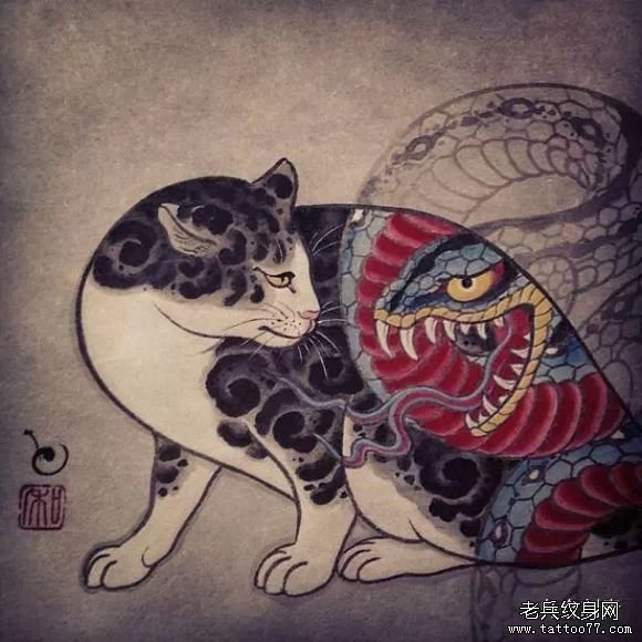 日式传统蛇纹身猫彩色纹身图案