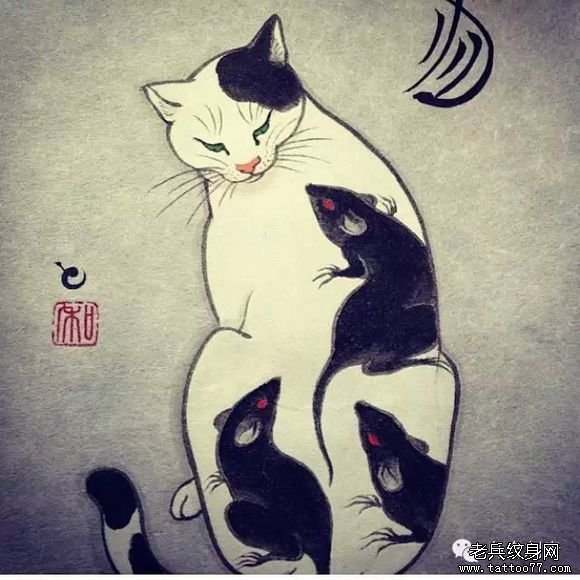 日式传统猫纹身老鼠纹身图案手稿