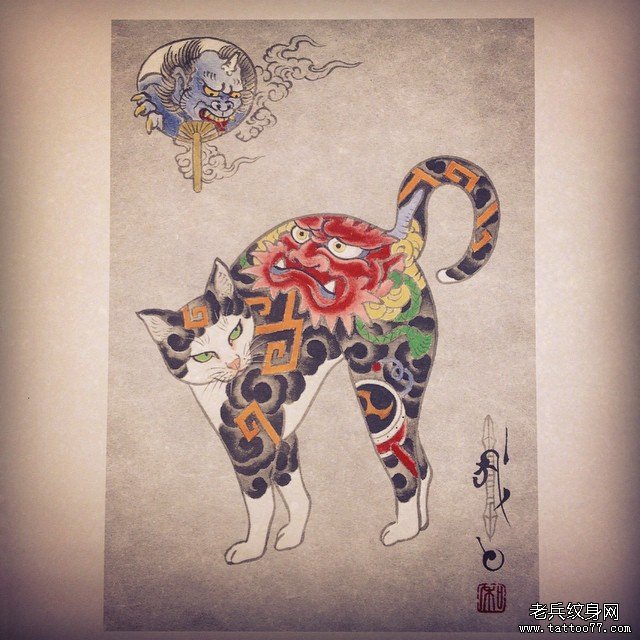 日式传统唐狮纹身猫纹身图案彩色手稿