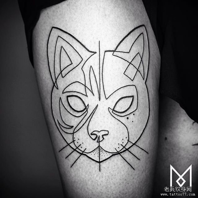 大腿猫极简线条点刺纹身图案