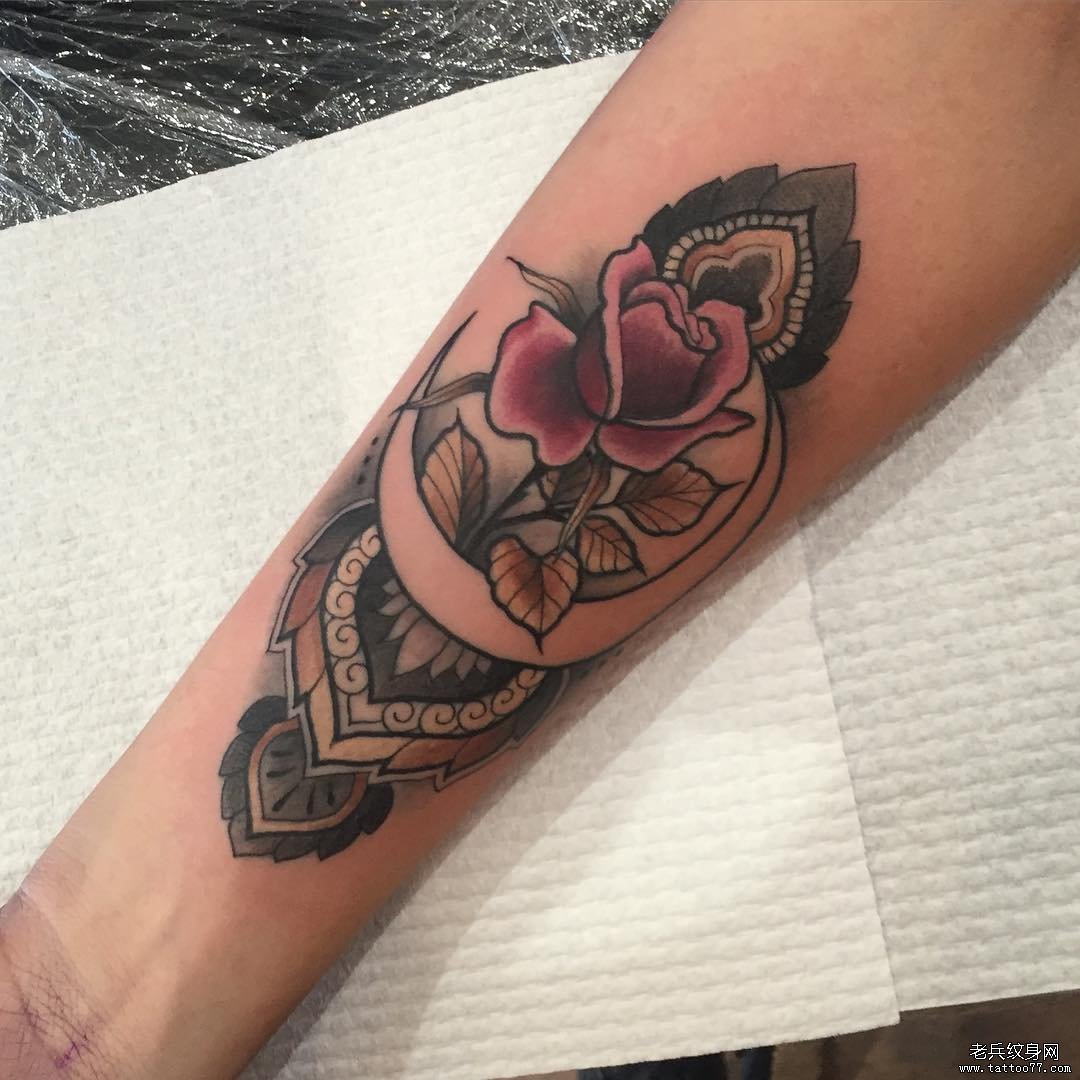 小臂school玫瑰彩绘纹身tattoo图案