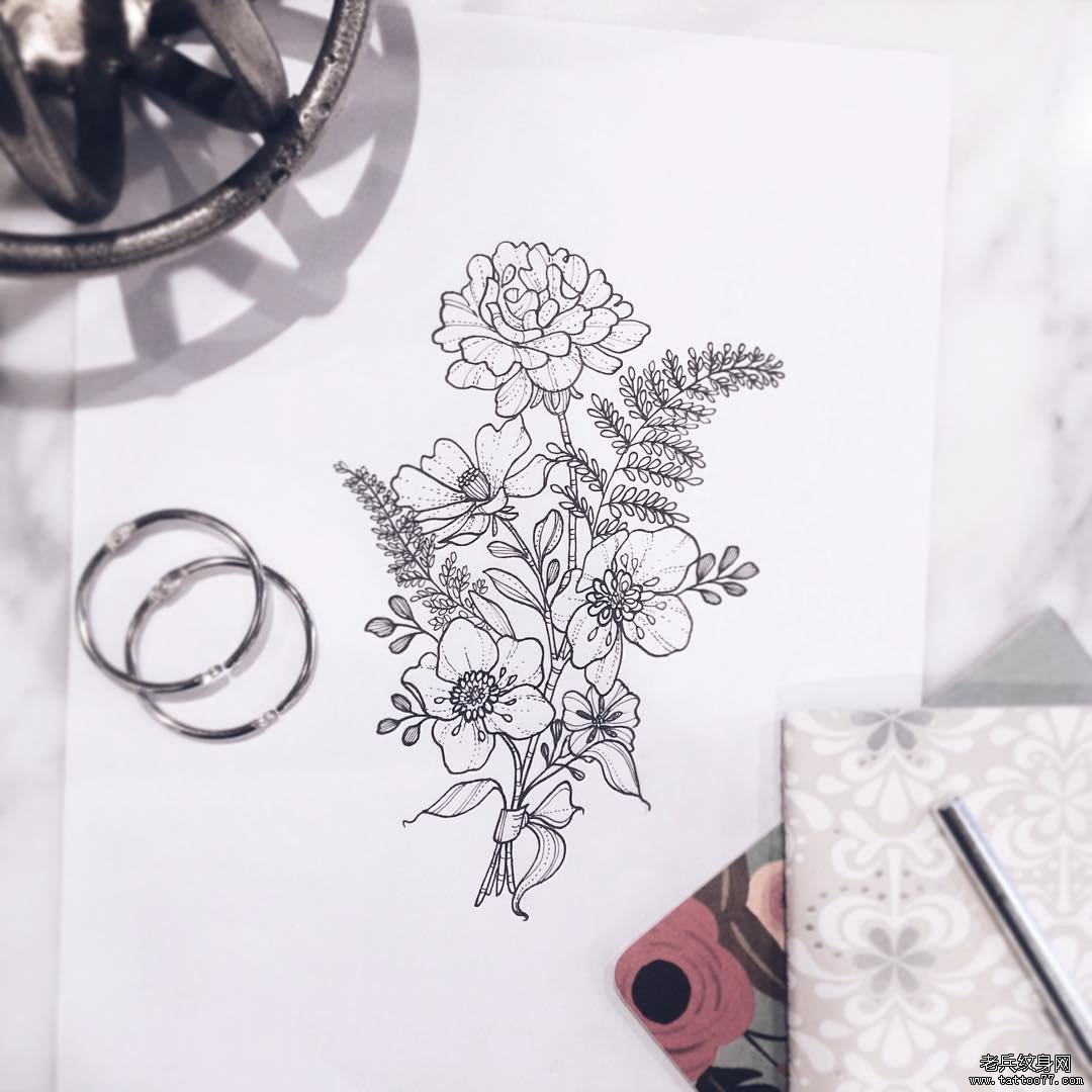小清新线条花卉纹身tattoo图案手稿